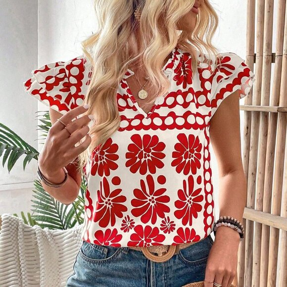 Multicolor Boho Women's Sleeveless V-Neck Blouse With All-Over Print - Picture 4 of 6